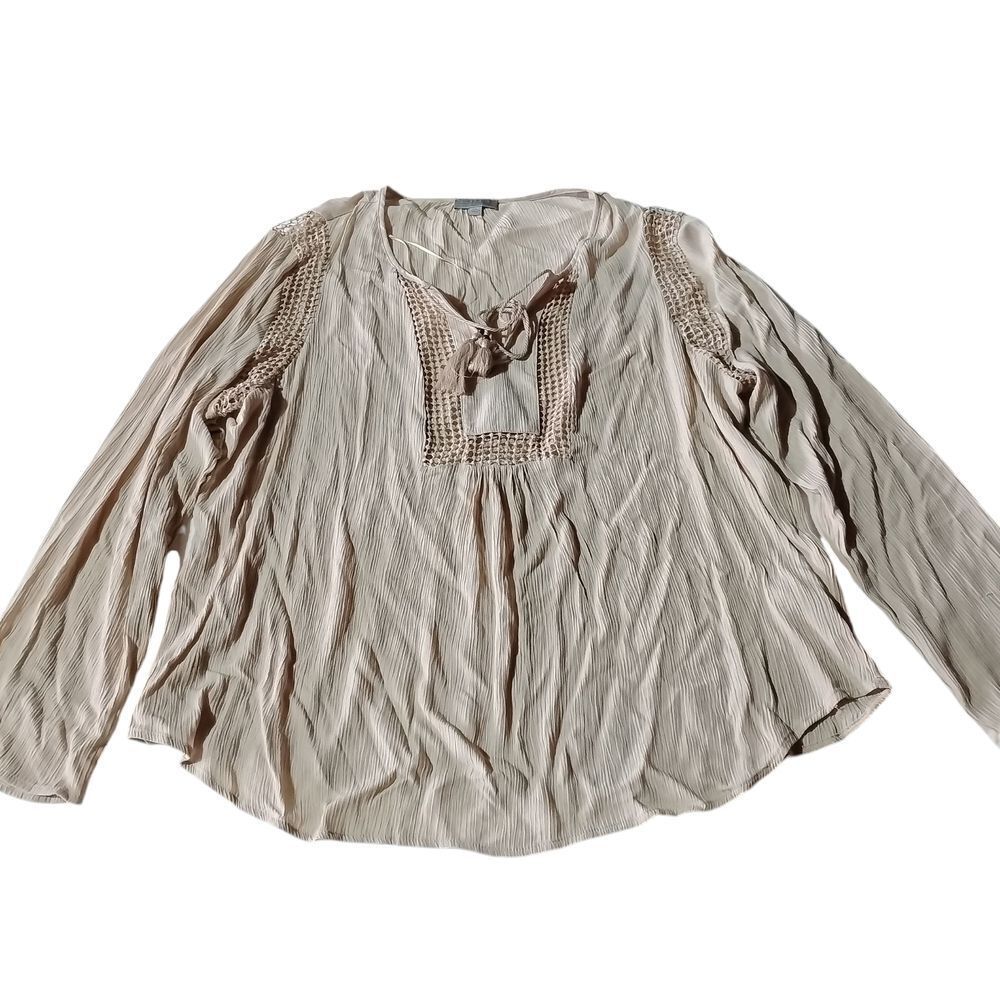 Joseph A. Tan Cream Long Sleeve Blouse Embroidered V-neck Womens XXL